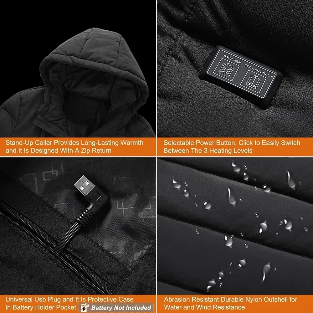 COMXZ ​4 Zone USB Heated Jacket for Men Winter Electric Heating Coat Smart Control Hooded Parka 6XL Camping Hiking Warm Thermal​