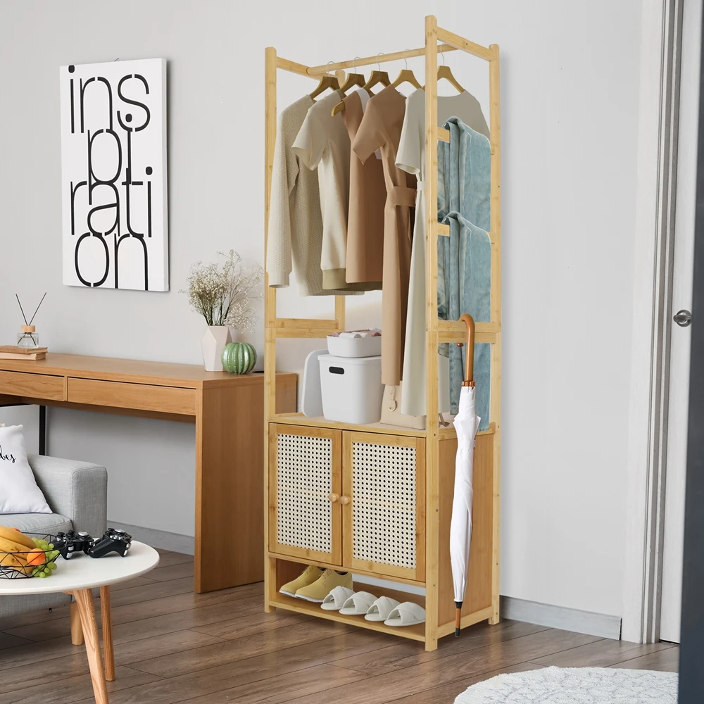 Free Standing Bamboo Clothes Rack Garment Coat Stand Shoe Storage Cabinet Shelf — view 6