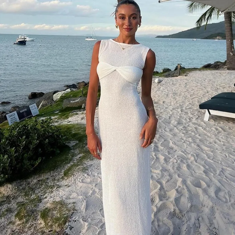 2024 Summer Elegant Solid Patchwork Knitted See Through Long Dress Women O Neck Sleeveless Sweet Girls Casual Vacation Robes