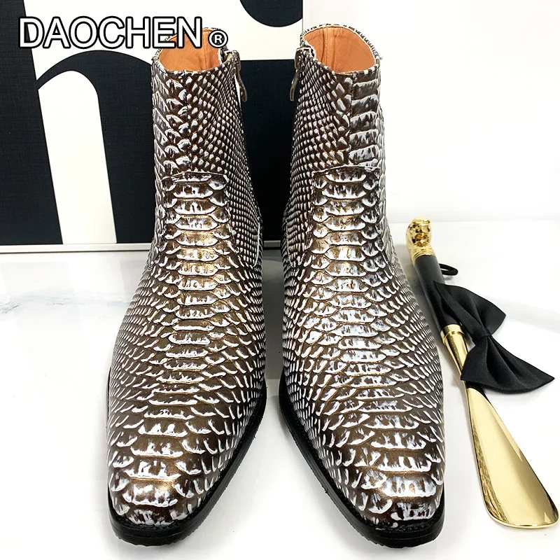 LUXURY BRAND MEN ANKLE BOOTS ZIP MARTENS SNAKE PRINT CASUAL MENS DRESS SHOES WEDDING PARTY REAL LEATHER WINTER BOOTS MEN