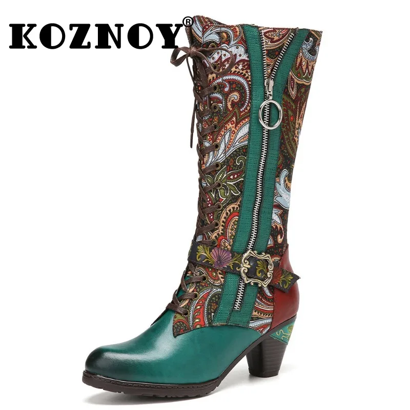 

Koznoy 5cm Ethnic Print Cloth Genuine Leather Knee High Booties Chimney Autumn Weave Spring Chunky Heels Big Size Shoes Women