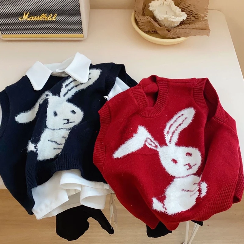 Girls Pullover Sweater Vest Spring Girls' Fashionable and Cute Little Rabbit Knitted Vest Baby Kids Loose and Versatile Top children vest