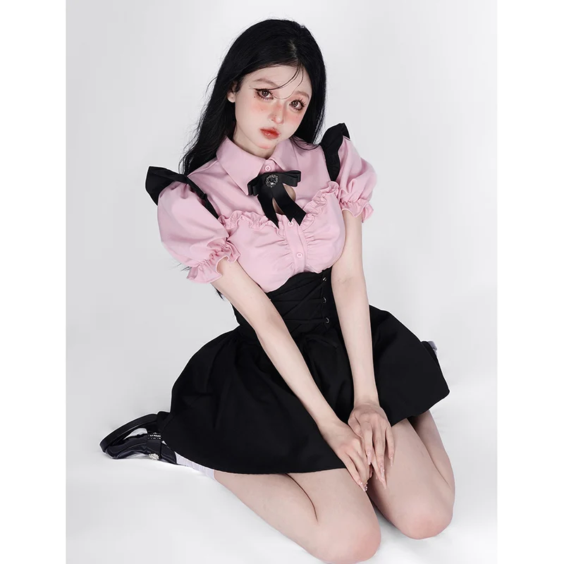

Y2K женские комплекты из двух предметов милые рубашки в стиле "Лолита" Милая Черная юбка на подтяжках повседневные винтажные костюмы для девочек новые корейские модные наряды