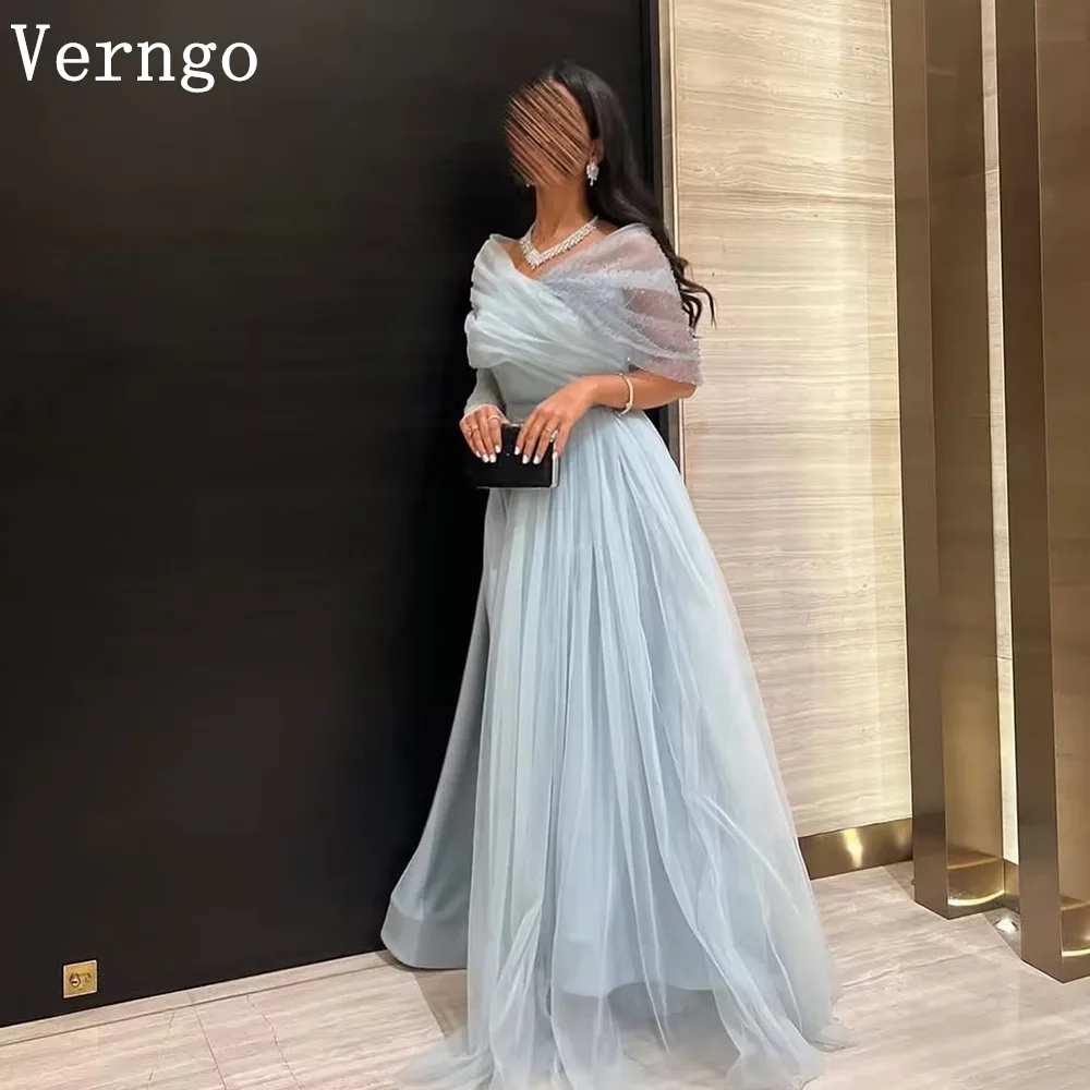 Verngo Light Blue Sequined Prom Gown One Shoulder A Line Tulle Evening Dress Formal Elegant Arabic Prom Dress Customized