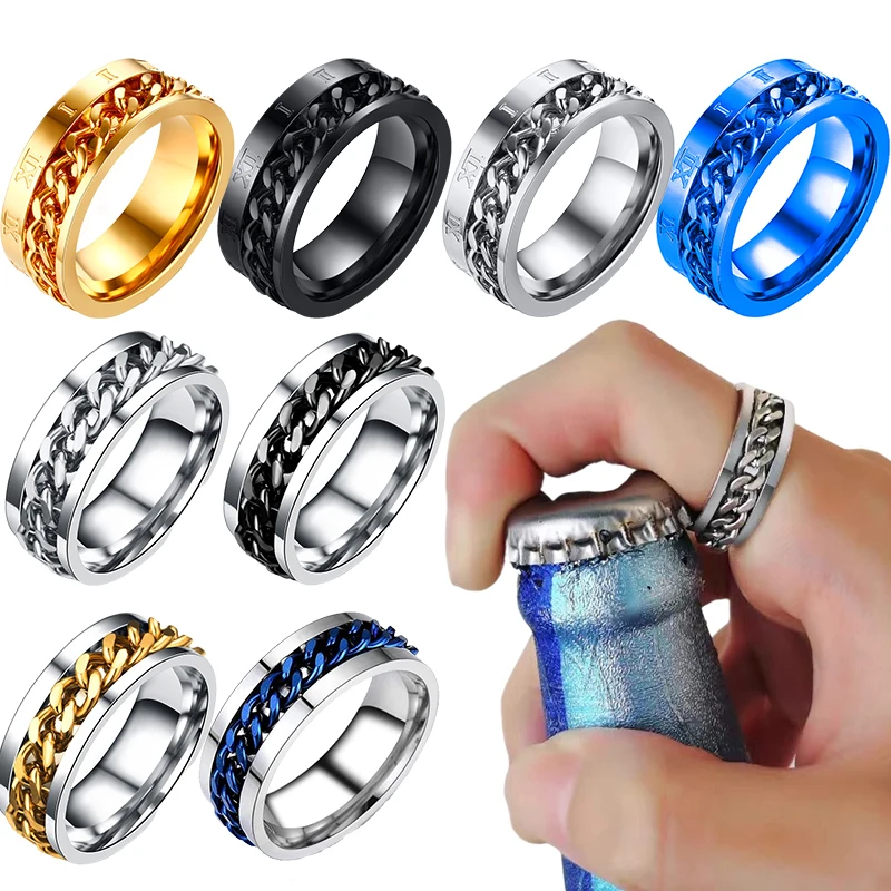 

INS Anxiety Rings Men's Corkscrew Ring Titanium Steel Spinner Spinning Rotatable Chain Roman Numeral Homme Gift Finger Jewelry