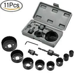 11-Piece Durable Carbon Steel Hole Saw Kit for Wood, PVC, and Plastic Drilling (Black)