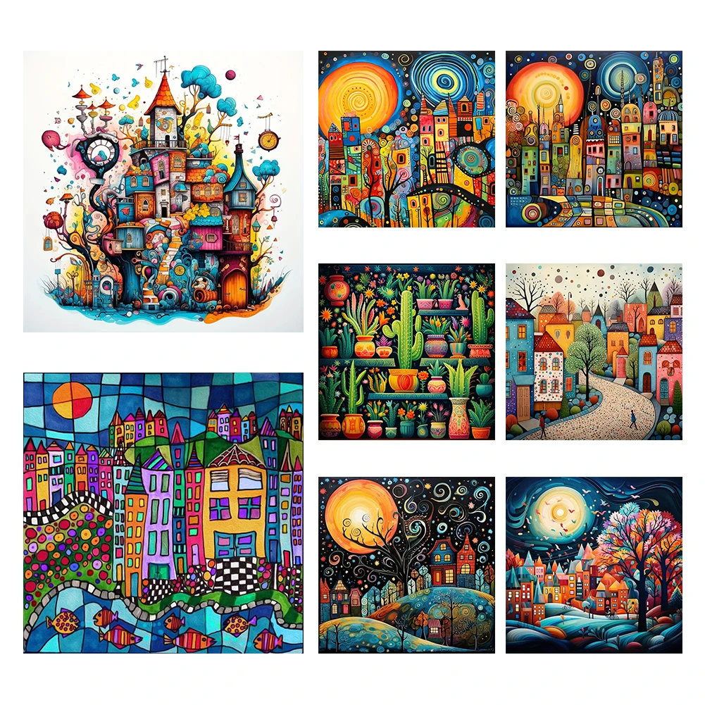 5D DIY Full Round Drill Diamond Painting Colorful House Abstract Series Decor