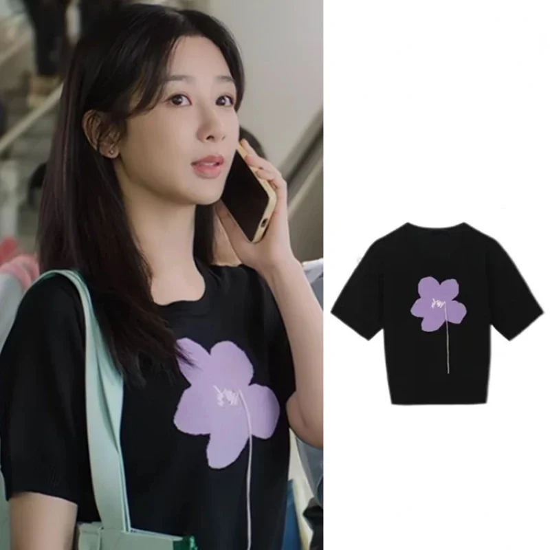 

China Actor Yang Zi Flower Print Short Sleeve T-shirt Women Slimming Top Summer Clothes Girls Black Fans Gift