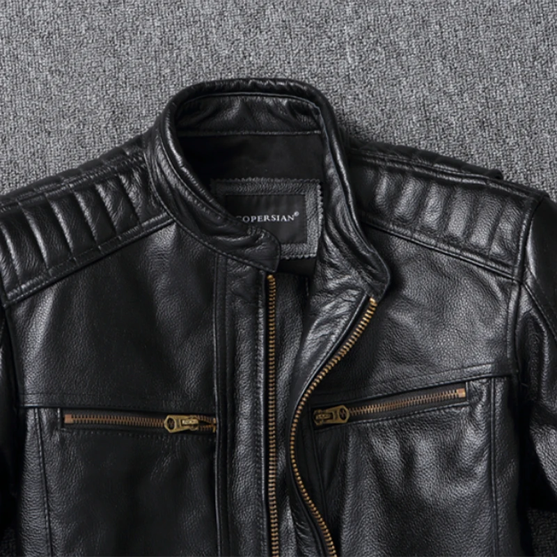 Cowhide Motorcycle Jacket Genuine Leather Stand Collar for Springtime Vintage Biker ASIAN men leather jacket women leather jacket