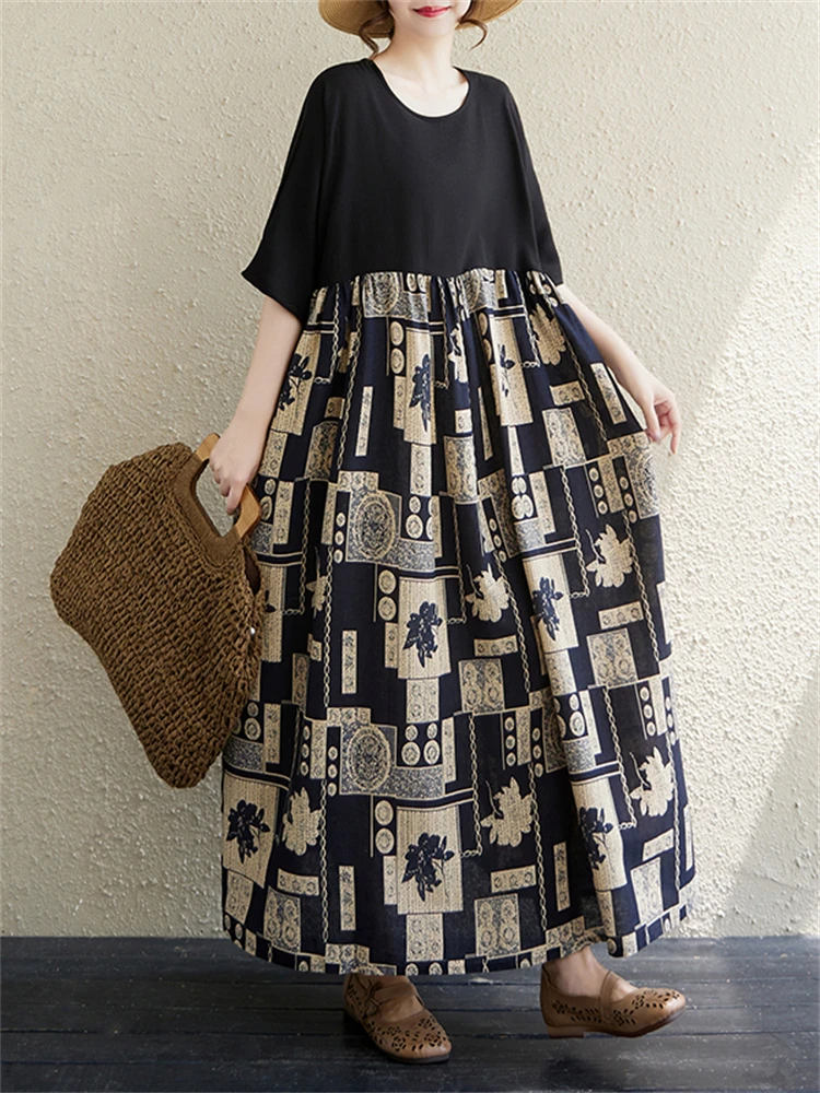 Summer Cotton Vintage Casual Loose Women Dresses Short Sleeve Patchwork Dress Femme Vestidos Office Lady Elegant Long Clothing