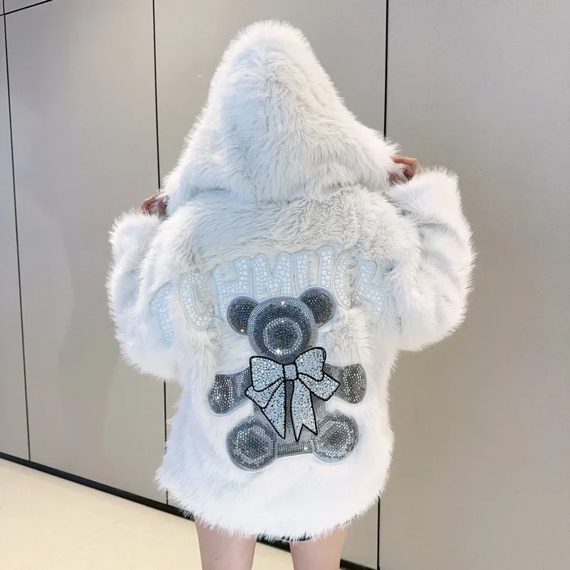 Women's 2023 Winter Clothes Fashion Fur Coats Rhinestone Bow Bear Cute Loose Jackets Long Sleeve Hooded Solid Color Lady Coats
