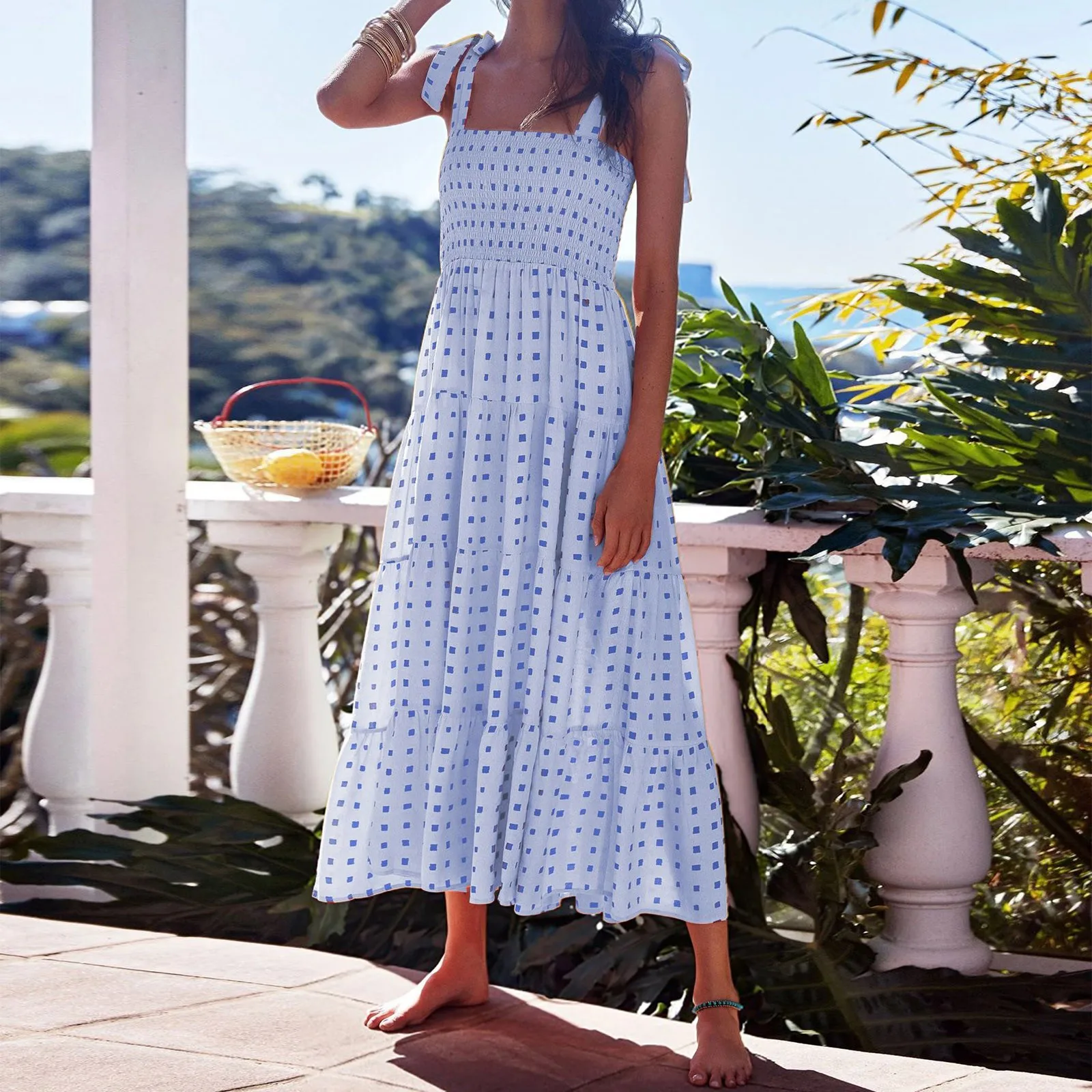 

2024 new Beach Long Ruffle Maxi Line Dress Boho Floral Summer Women'S sweety square neck Women'S Bohemian lace Dress