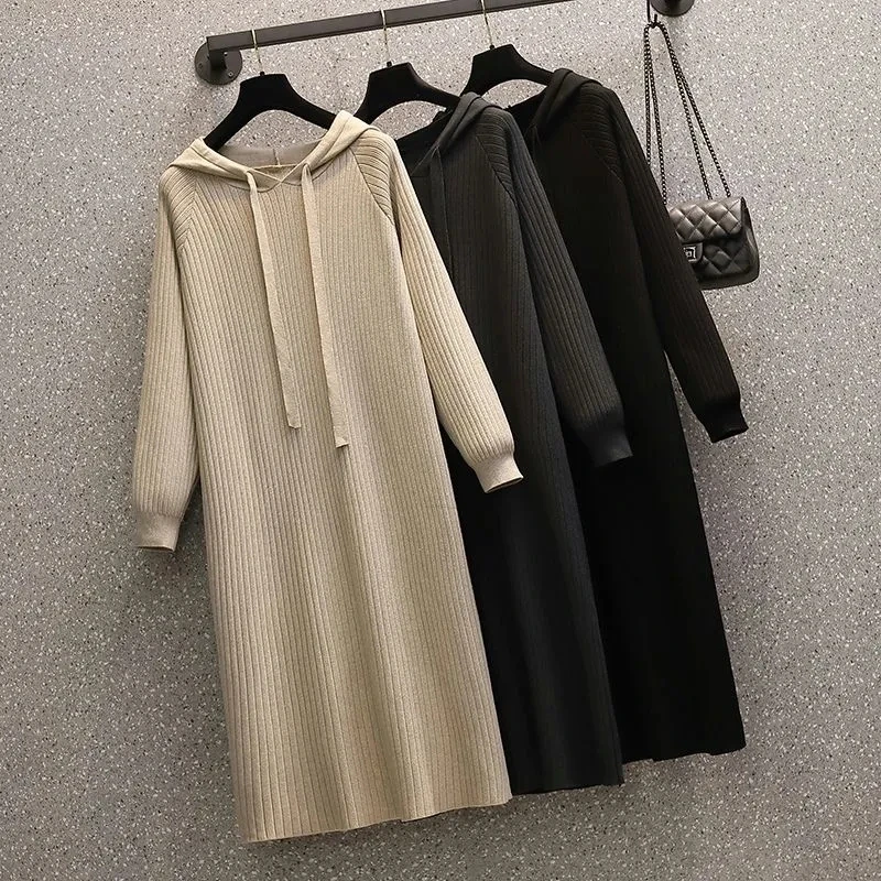 

Plus Size 5XL 150KG Spring Casual V-neck Women Knitted Maxi Dress Elegant Ribbed Long Sleeve Dress Ladies Hooded Dress