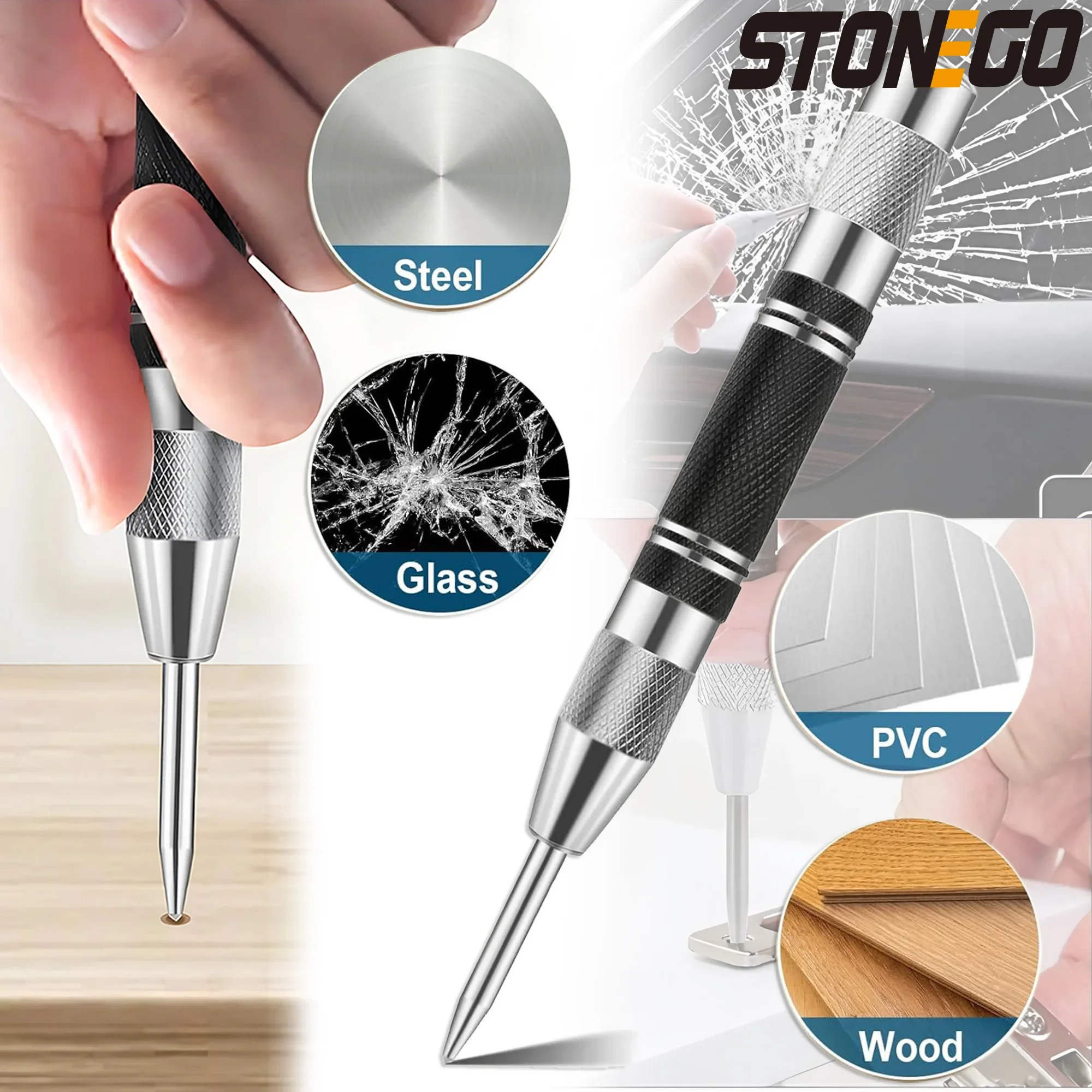 STONEGO 5in Heavy Duty Automatic Center Punch - Robust Steel, Adjustable Tension for Marking on Metal, Wood, Glass & Plastic