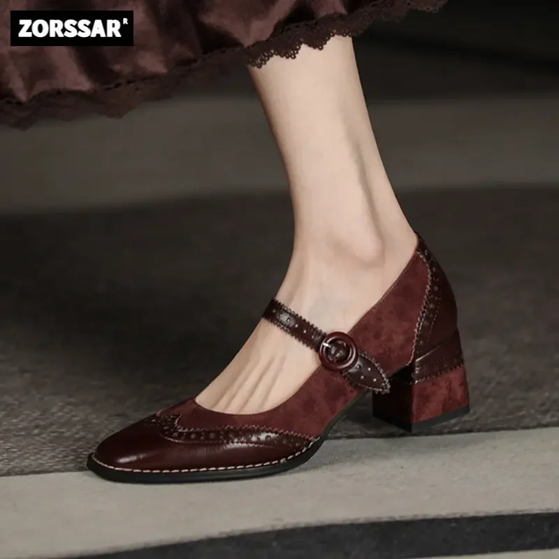 

Genuine Leather Mary Jane Women's Shoes Fashion Retro Buckle Shallow Pumps Square Toe Thick Heel Handmade Shoes Woman Size 34-40