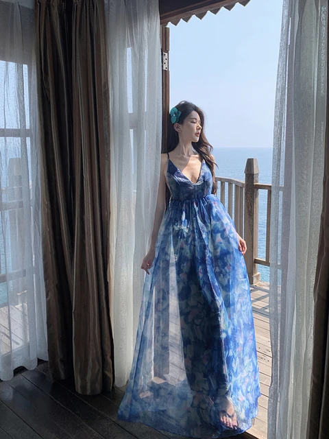 floral korean beach long dress Navy Blue Summer Blue Maxi Summer Blue Sexy Backless Print Maxi Long Dress USMon262025 Color:MOCHA-GOLD Significant Other Demi Backless