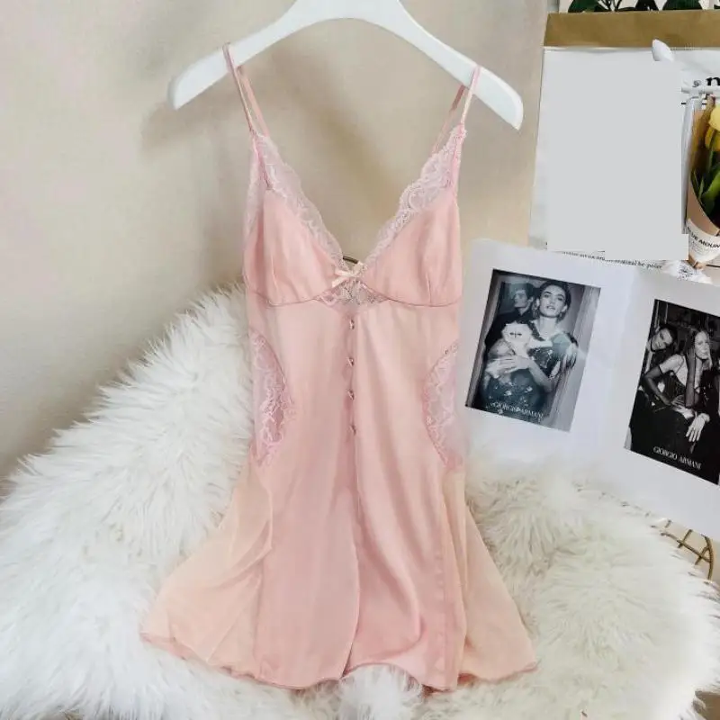open lace back dress Cute Pinky Satin Lace-Trim Slip Dress main image 1