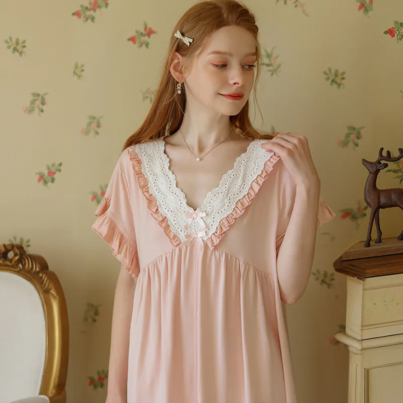 

French Palace-Style Sleep Dress for Women, Summer Cotton Short Sleeve Short Length, Princess Sleepwear , Loose Fit Homewear