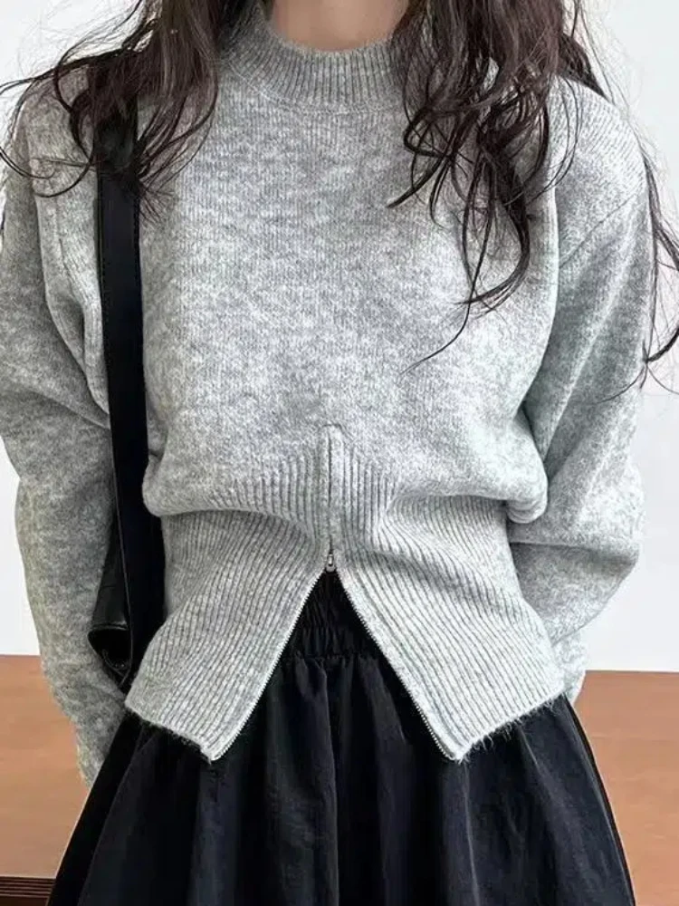 Autumn Temperament Round Neck Zipper Design Loose and Versatile Long Sleeved Knitted Sweater Solid Color Sweater for Women
