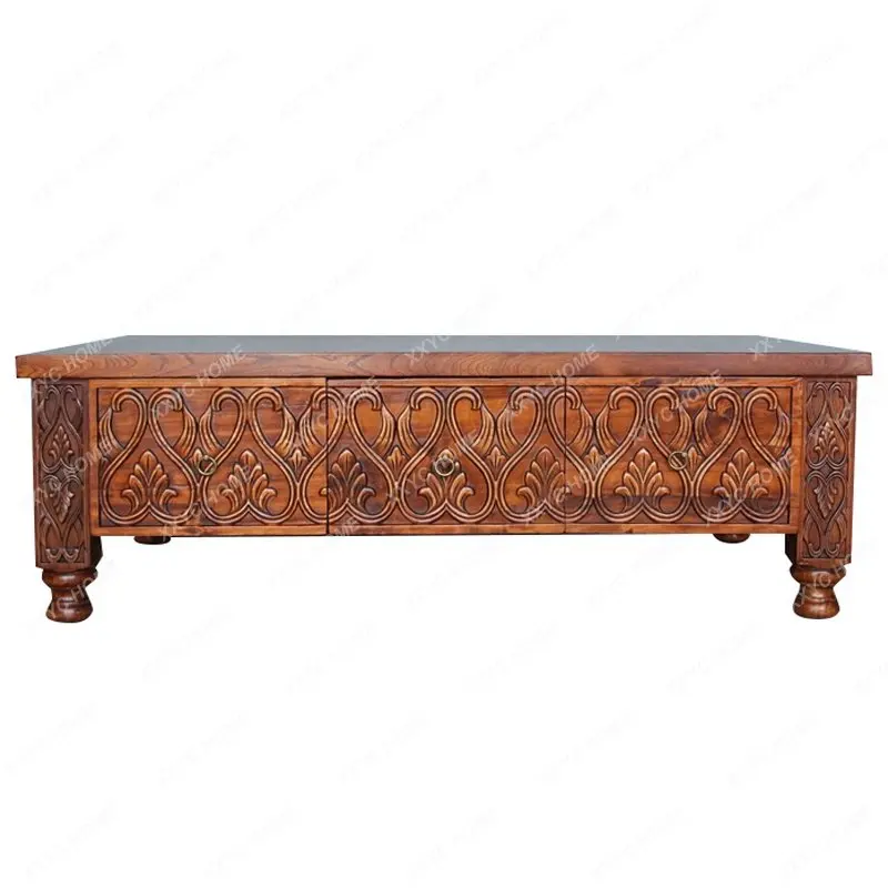 

Solid Wood Tea Table Southeast Asian Style Ancient and Modern Log Thai Elm Storage Carved Vintage Tea Table