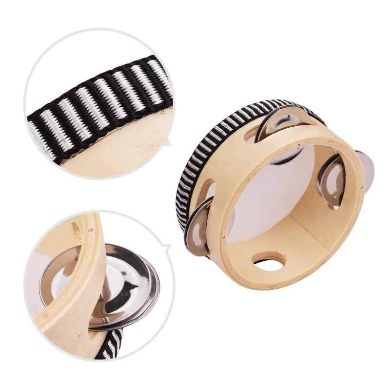 4 Inch Wooden Hand Tambourine with Metal Single Row Jingles Entertainment Musical Timbrel for Adults Kids Dancine Singing Party
