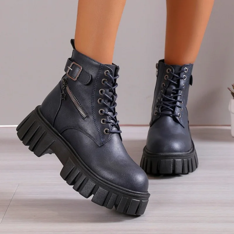 

Женские ботильоны на платформе, модные ботинки на застежке-молнии, на шнуровке, с круглым носком и пряжкой с ремешком, женская обувь, 2023