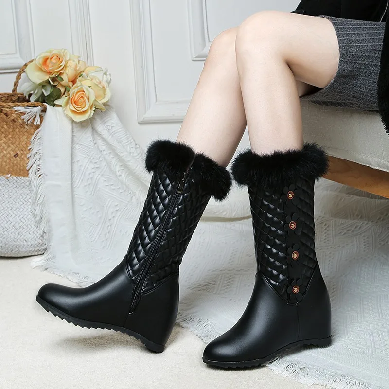

Зимние теплые меховые сапоги до середины икры женские зимние сапоги на плоской подошве увеличенный каблук Женская обувь на молнии белые черные женские сапоги большого размера 43
