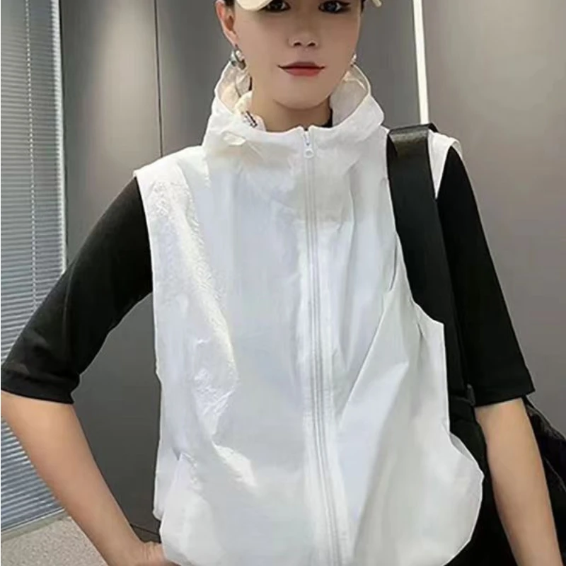 Deeptown Vintage Black Vests Women Korean Fashion Oversize Casual Sleeveless Hooded Zipper Jacket Summer Thin Coat Harajuku Top
