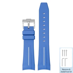 Sporty Waterproof TPU Rubber Watch Strap - 22mm Quick Release with Curved End - 22mm (Blue white - Silver)