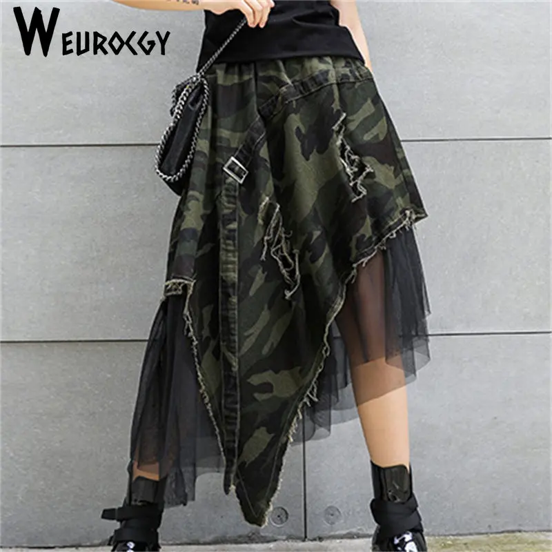 

Camouflage Mesh Splice Women Long Skirt Street Asymmetrical High Waist 2023 Summer New Styole Fashion Loose Casual Streetwear