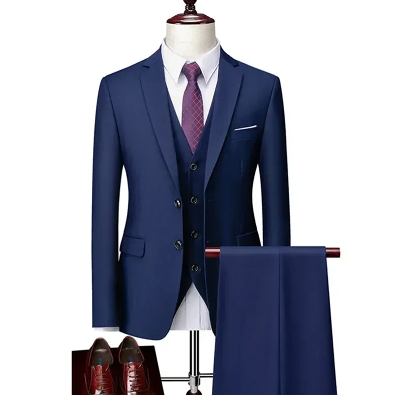 Mens Suit Men Business 3 Pieces Suits Sets Male Groom Wedding Banquet Solid Color Large Size Brand Blazers Jacket Coat
