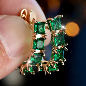 Cute Female Green Zircon Stone Hoop Earrings Luxury Gold Color Wedding Jewelry For Women
