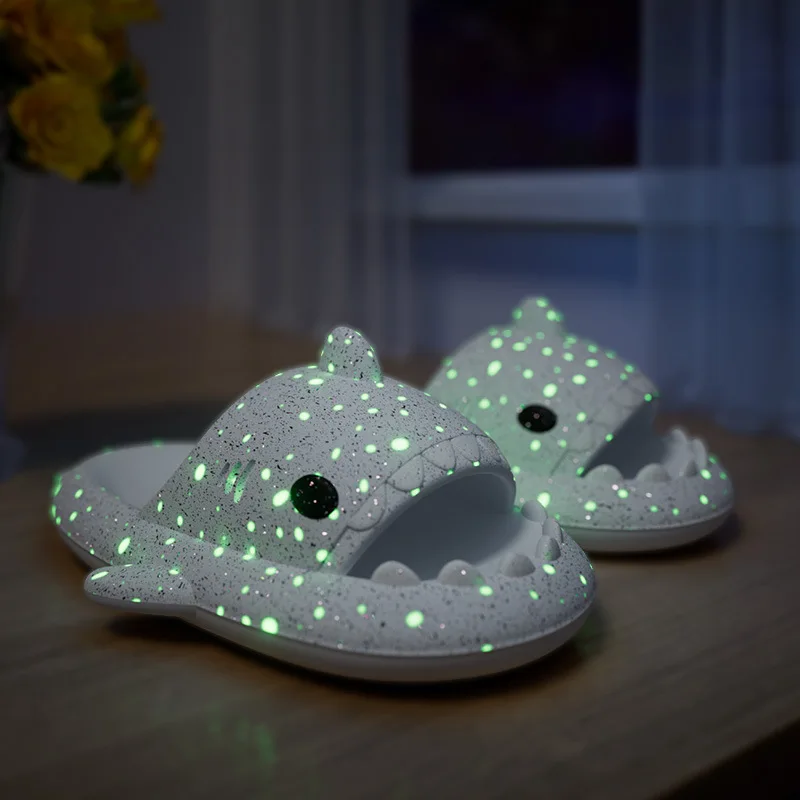 Shevalues Starry Shark Slippers Women Summer New Night Light Thick Platform Shark Slides Men Outdoor Women Beach Flip Flops 2023