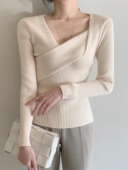 سترات نسائية برقبة على شكل V غير منتظمة ، بلوفر ضيق ، سترة نسائية ، بلوفر ، توبات غير رسمية ، أحادية اللون ، خريف ، شتاء ، موضة 4