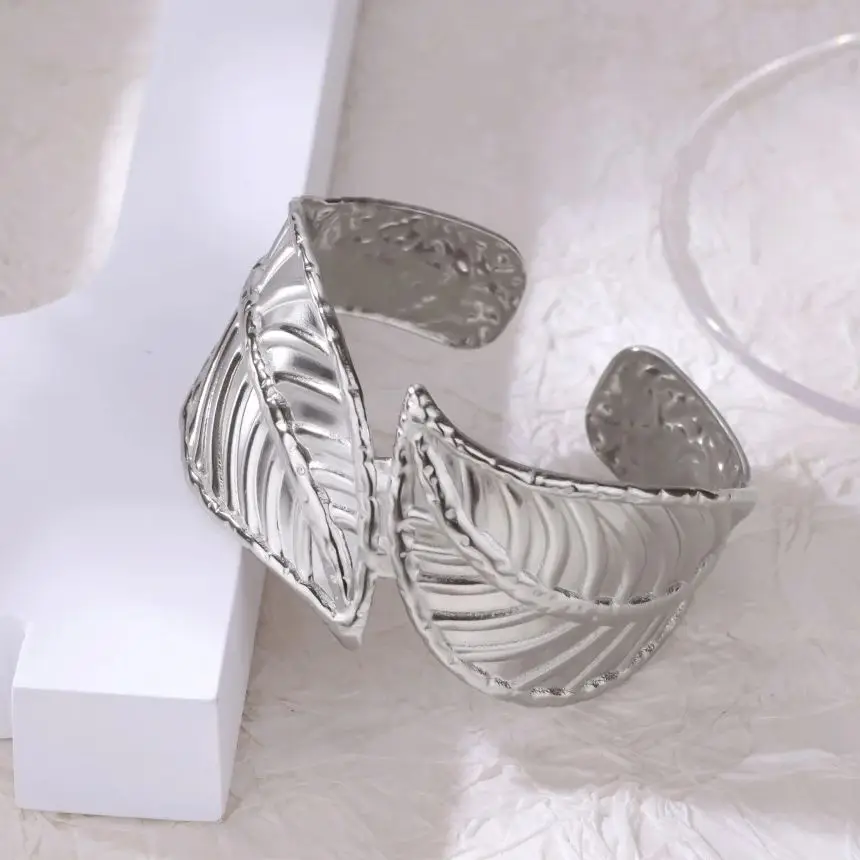 Womens Silver Geometric Leaf Bangle Bracelet for Wedding Gift