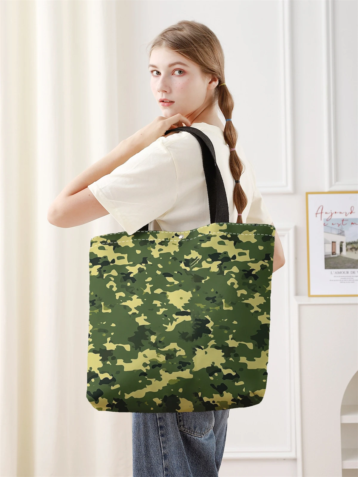 1pc， Camouflage pattern handbag, reusable fashionable handbag, multifunctional handbag, printed canvas shopping bag