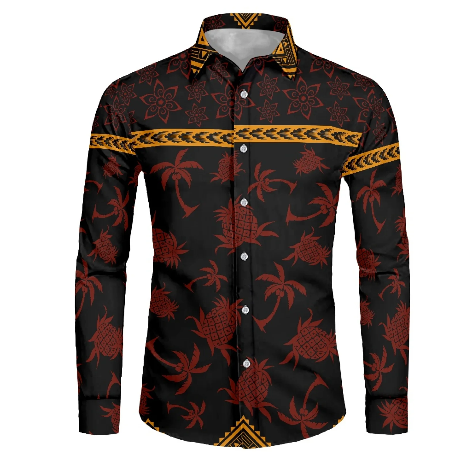 

Polynesian Tribal Fijian Totem Tattoo Fiji Prints Vintage Long Sleeves Men's Business Casual Dress Fashion Classic Shirt Beach