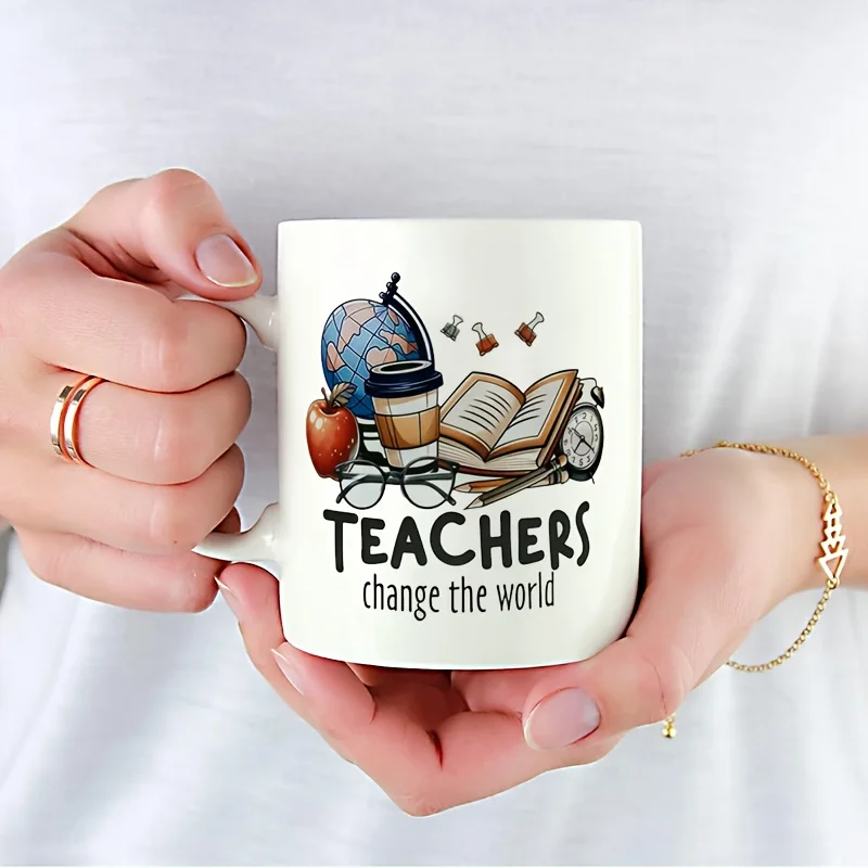 1 Inspirational Teacher Ceramic Coffee Mug - "Teachers Change the World" Print Design with Education Symbols, Machine Washable - Image 2