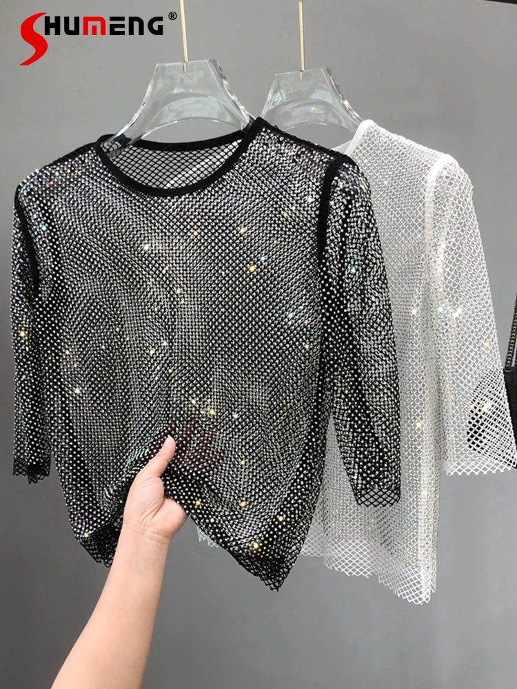 Party Bling Shiny Hollow Bottoming Shirts Mesh Hot Drilling Top 2023 New  Net Drill AB Colorful Crystals Fairy Inner Wear Tops