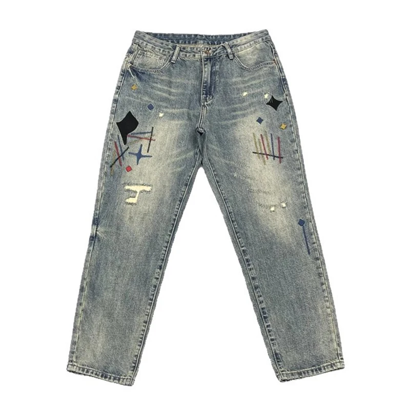 Trendy Edgy And Stylish Men's Jeans With Patchwork Embroidery And Prints Loose-fitting Straight Leg 5