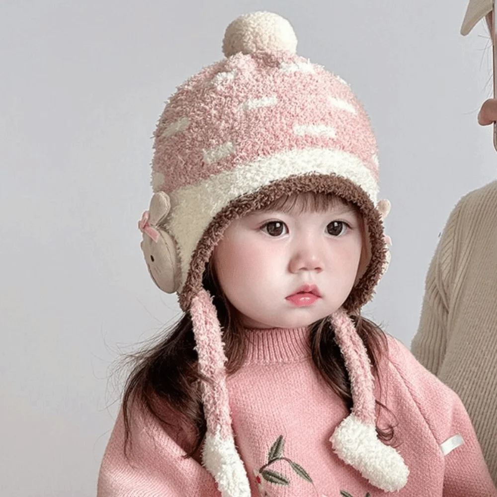 Cute Windproof Baby Ear Protection Hat Coral Fleece Cartoon Beanie Hat Thicken Keep Warm Infant Toddler Cap Boy