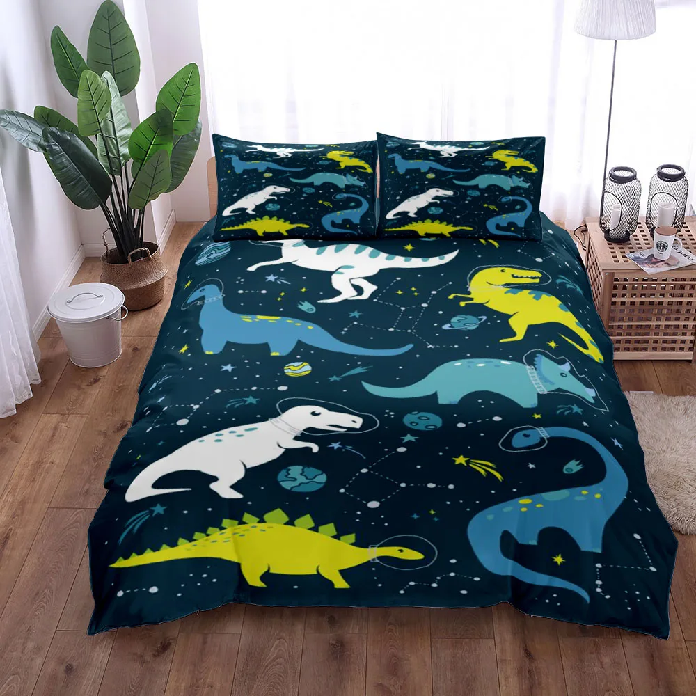 Dinosaur Space Night Duvet Cover Set King Queen Double Full Twin Single Size Navy Bed Linen Set 4