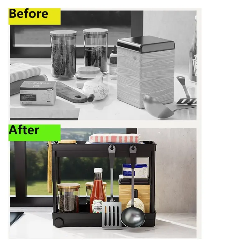 

Under Sink Organizer, Sliding Storage Drawer Basket Organizer with Hooks, Hanging Cup, ABS Material