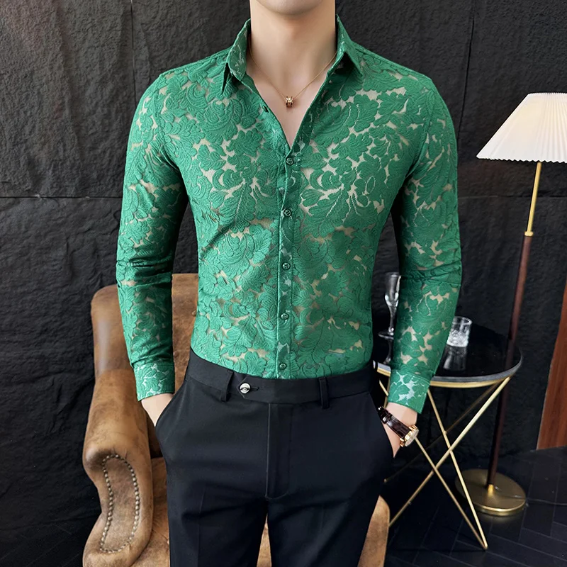 

Sexy Lace Breathable Shirts For Men Long Sleeve Premium Jacquard Spring 2024 New Quality Silky Casual Slim Fit Camisas De Hombre