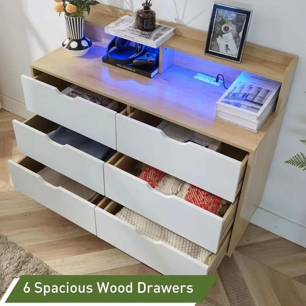 6 Drawer Dresser with Charging Station, Wooden Chest of Drawers with LED Light for Closet Hallway, Living Room, Entry 6