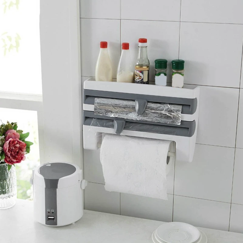 

Wall-Mounted Storage Rack With Cutter Aluminum Foil Barbecue Paper Paper Towel Wall-Mounted Rack