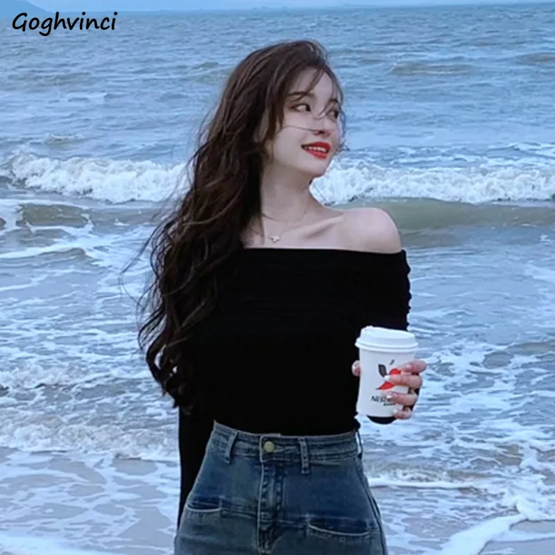 

Футболка женская с открытыми плечами, праздничный облегающий топ с вырезом лодочкой, Милая Черная универсальная уличная одежда для девушек, Y2k, весна