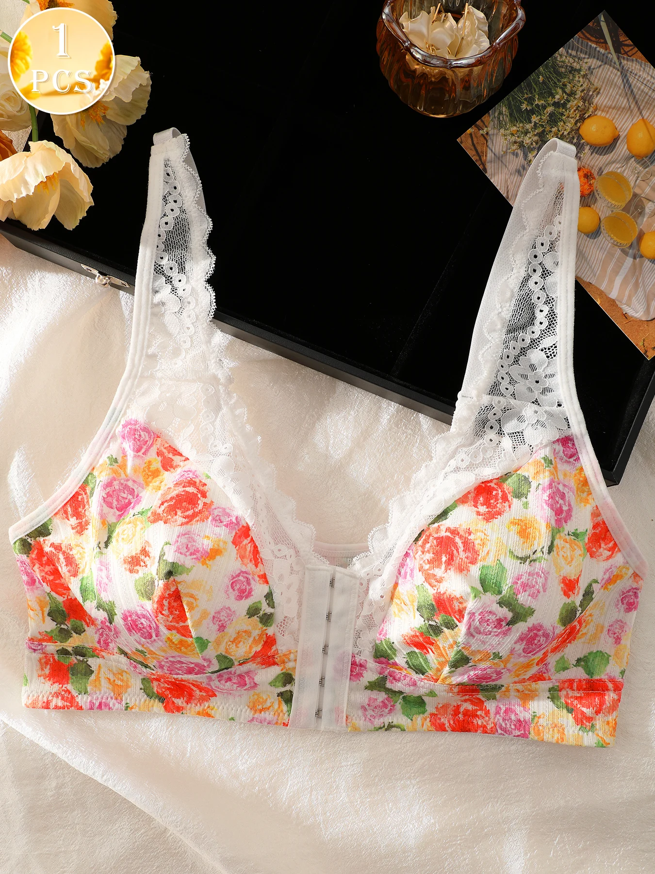 1pc Women's Floral Print Wireless Bra, Lace Trim Adjustable Straps Front Closure Comfort Bralette (S-XXL) 4