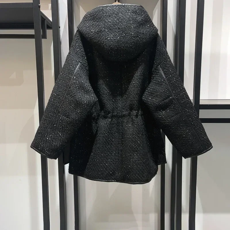 

Women Coat 2023 Autumn and Winter Hooded Reversible Tweed Mid-length Coat