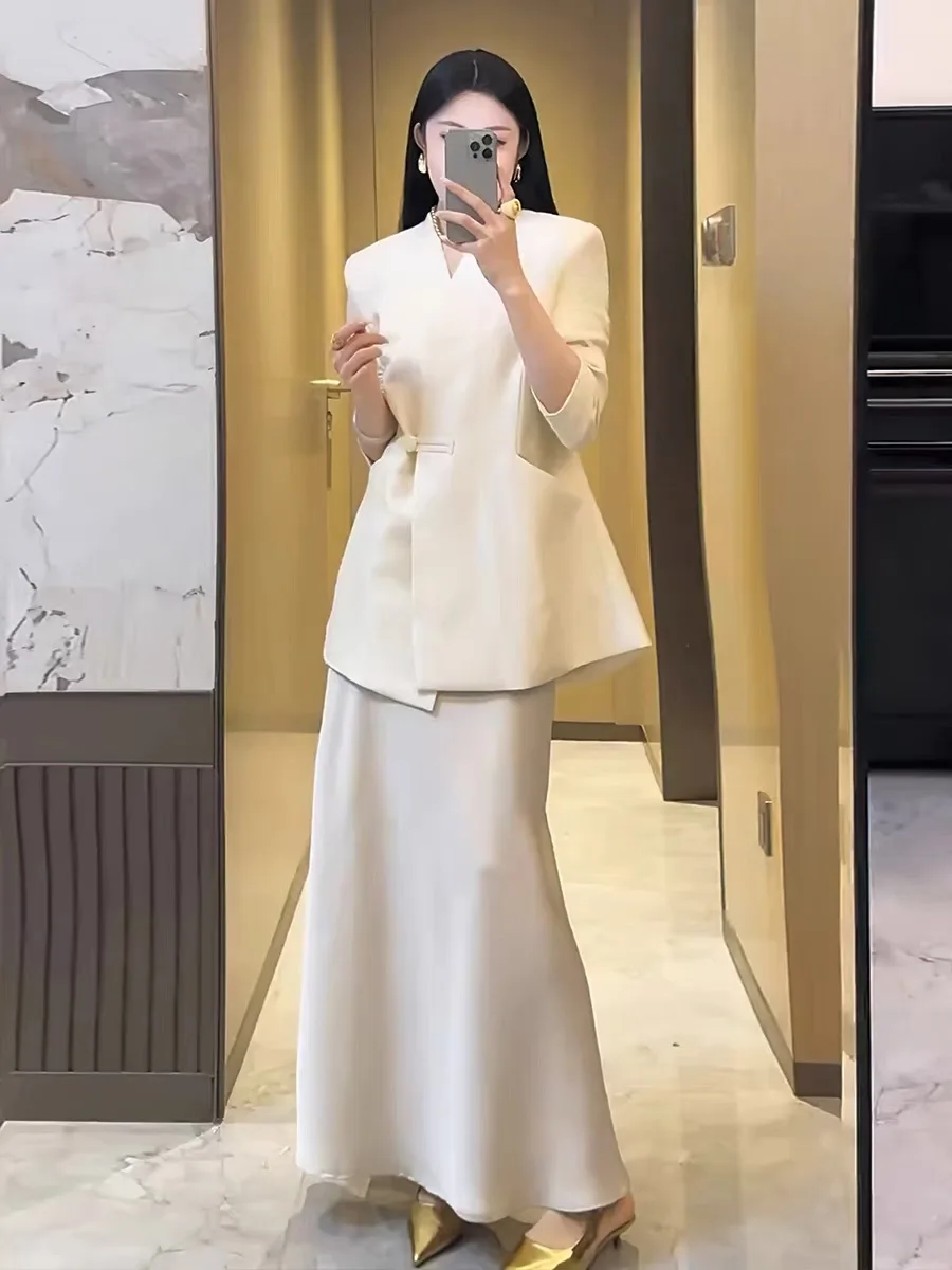 

2024 Spring Korean Style Outfit Mature Lady Style High-End Professional New Chinese Style Blazer Jacket Skirt Suit Women Hot